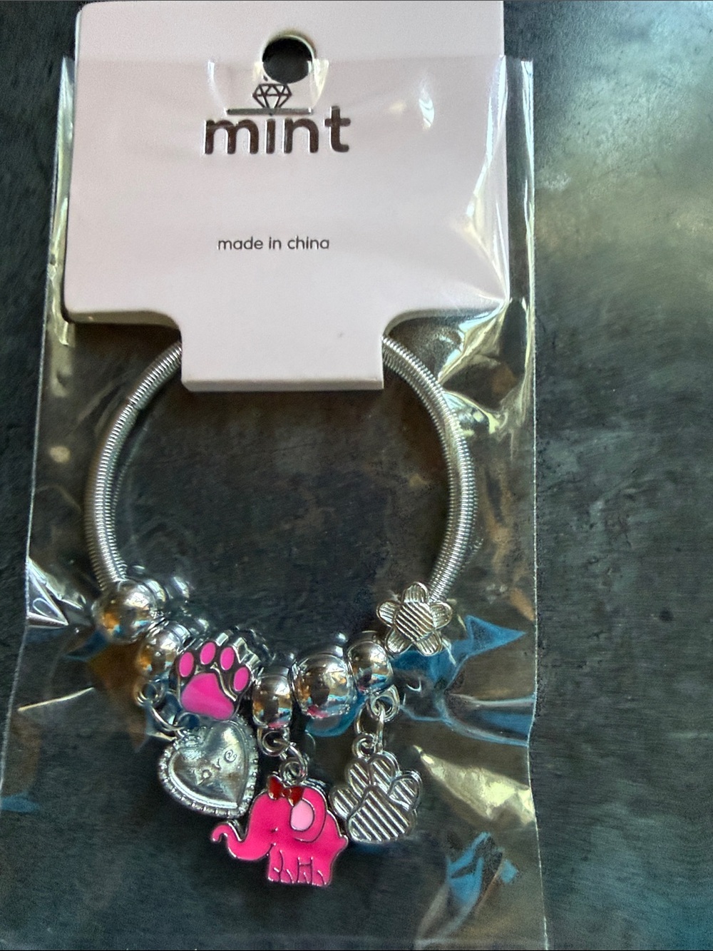 Mint Silver-Tone Charm Bracelet with Pink Elephant & Paw Charms